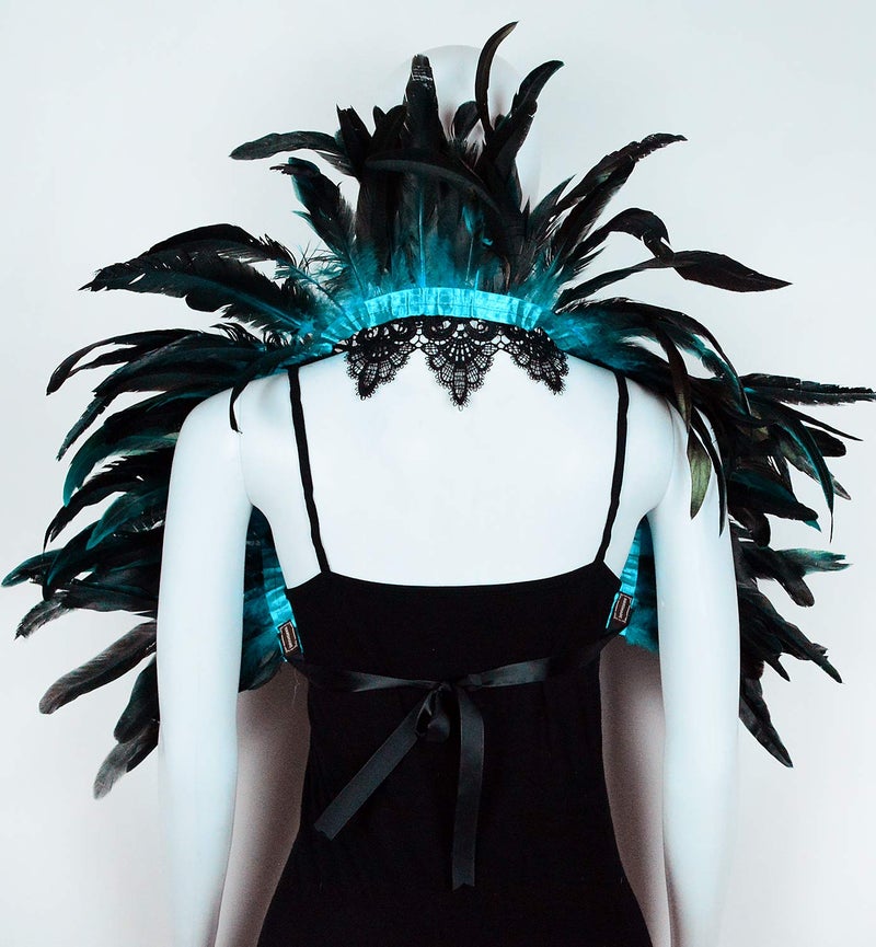 L'VOW Black Crow Feather Cape Shawl Stand Up Collar Halloween Devil Wings Witch Costume (Acid blue) - Image 4